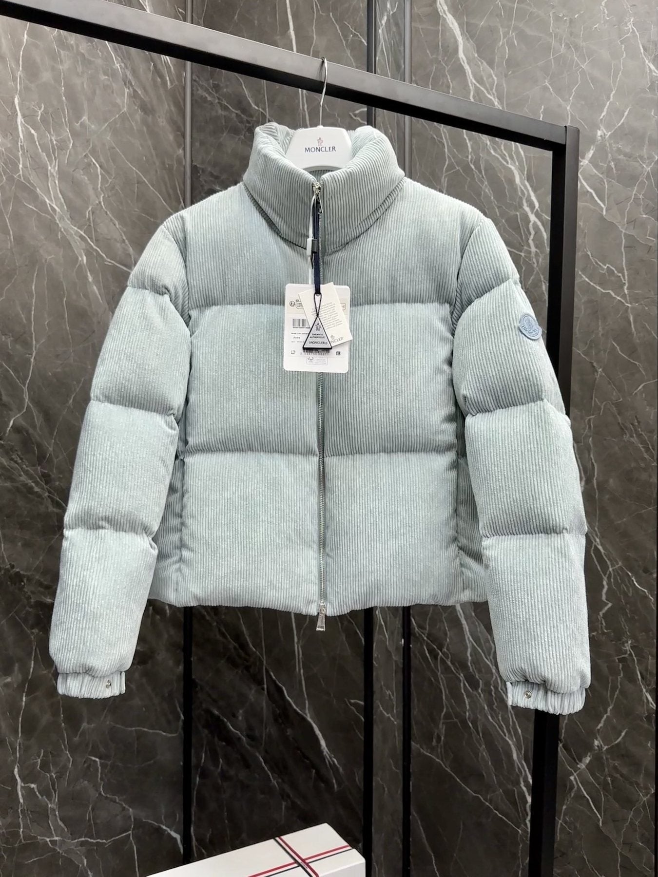 Moncler Light Blue Corduroy Cropped Puffer Coat — hang_tag