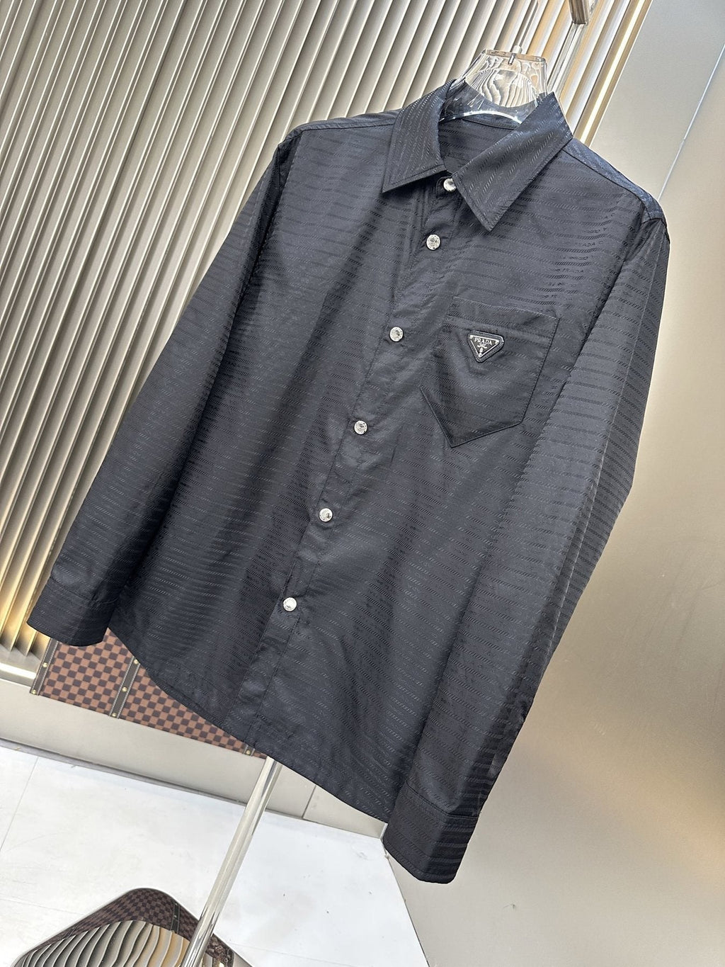 Prada Black Textured Long-Sleeve Button-Up Shirt — front