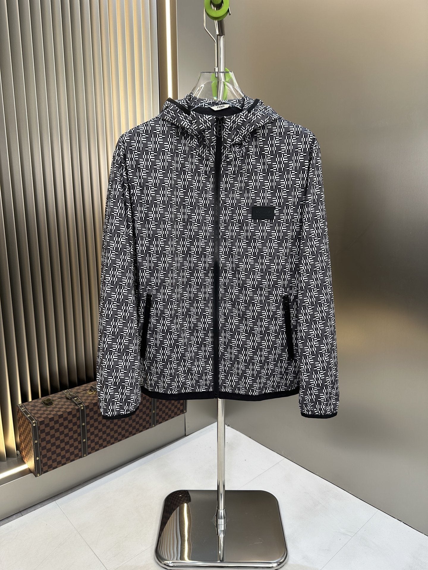 Fendi Black and White Pattern Hooded Zip-Front Jacket — hero
