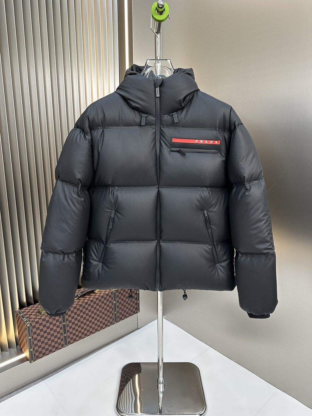 Prada Hooded Puffer Jacket with Red Chest Trim — hero