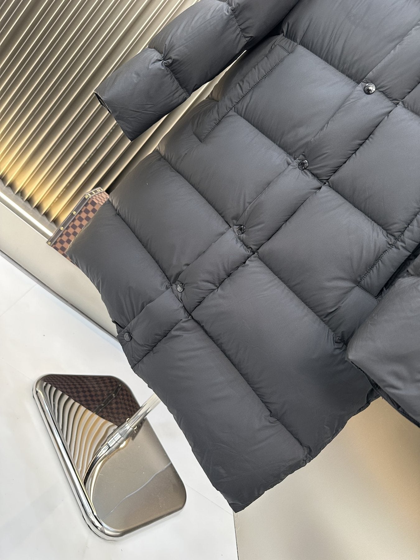 Moncler Charcoal Grey Long Hooded Puffer Coat — detail
