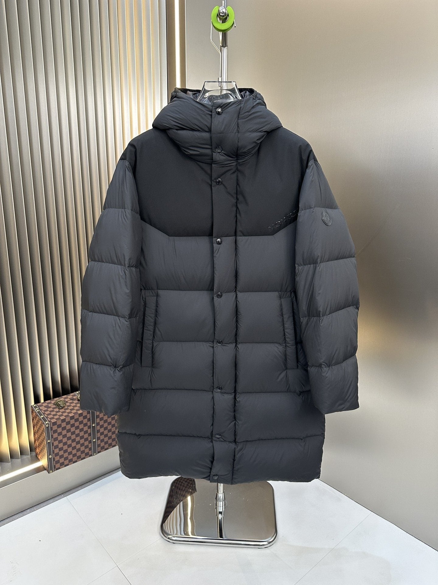 Moncler Charcoal Grey Long Hooded Puffer Coat — hero