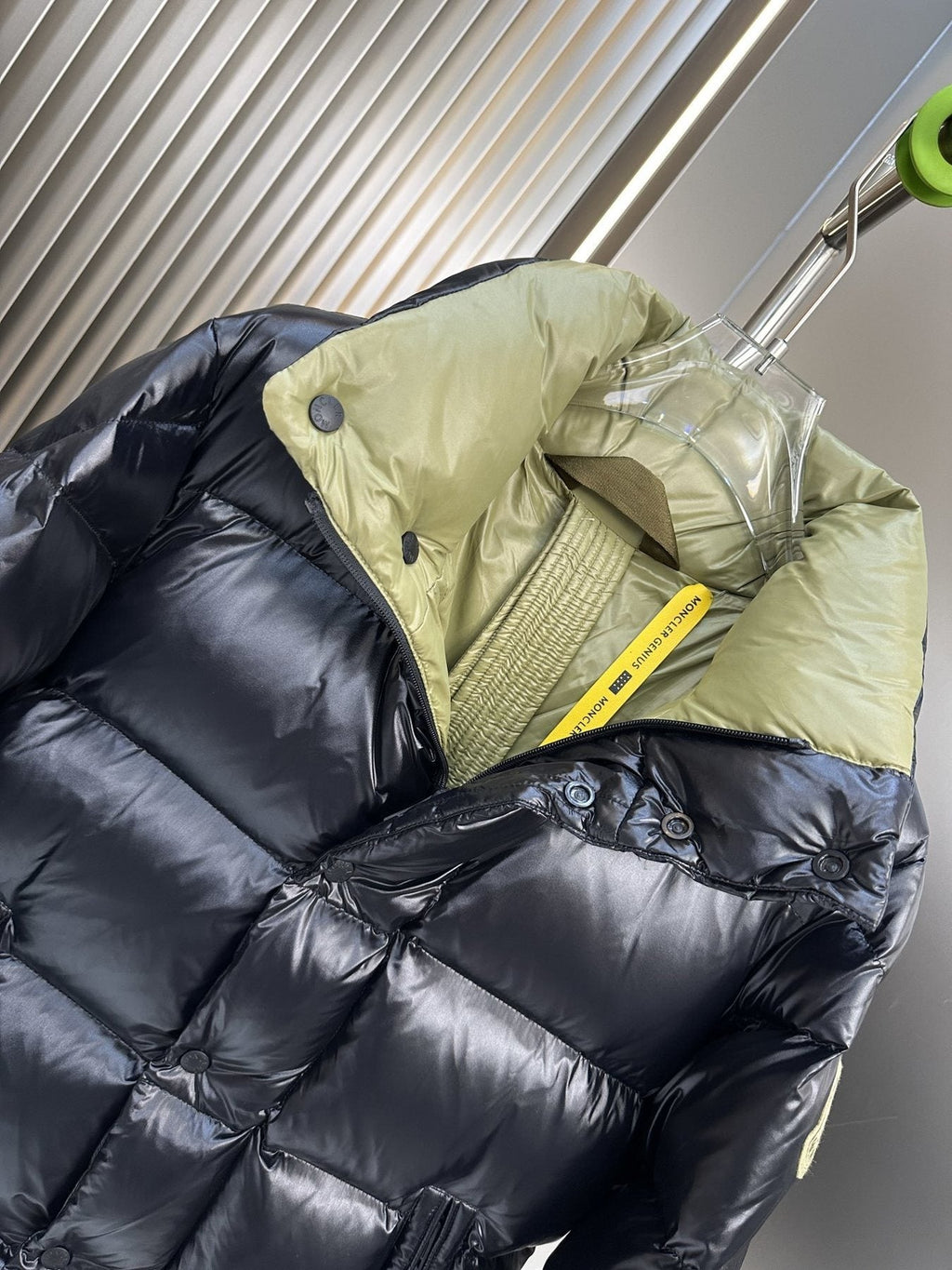 Moncler Black Glossy Quilted Puffer Coat — detail