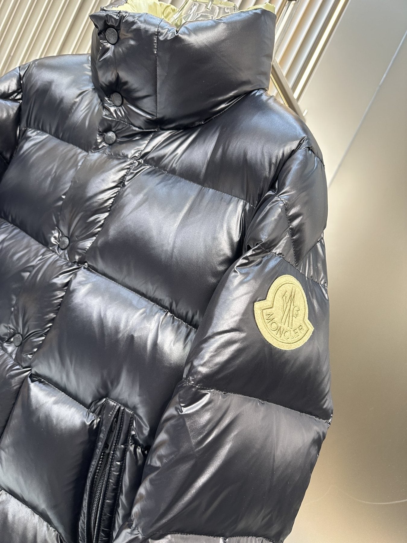 Moncler Black Glossy Quilted Puffer Coat — detail