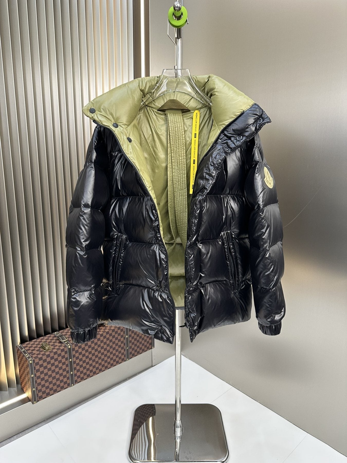 Moncler Black Glossy Quilted Puffer Coat — detail