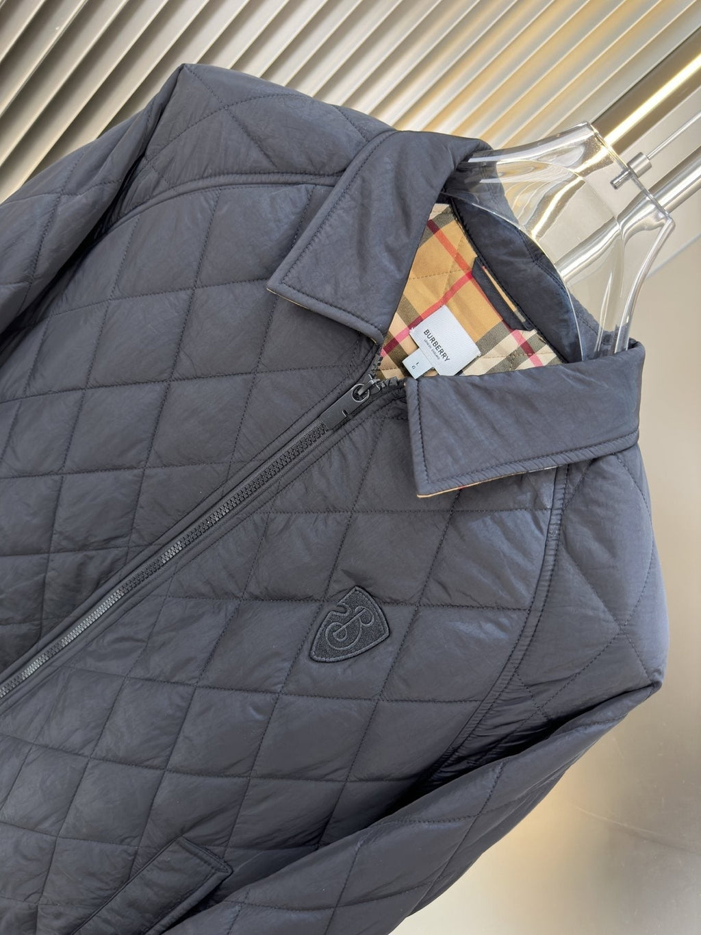 Burberry Diamond-Quilted Check-Lined Jacket — neck_label