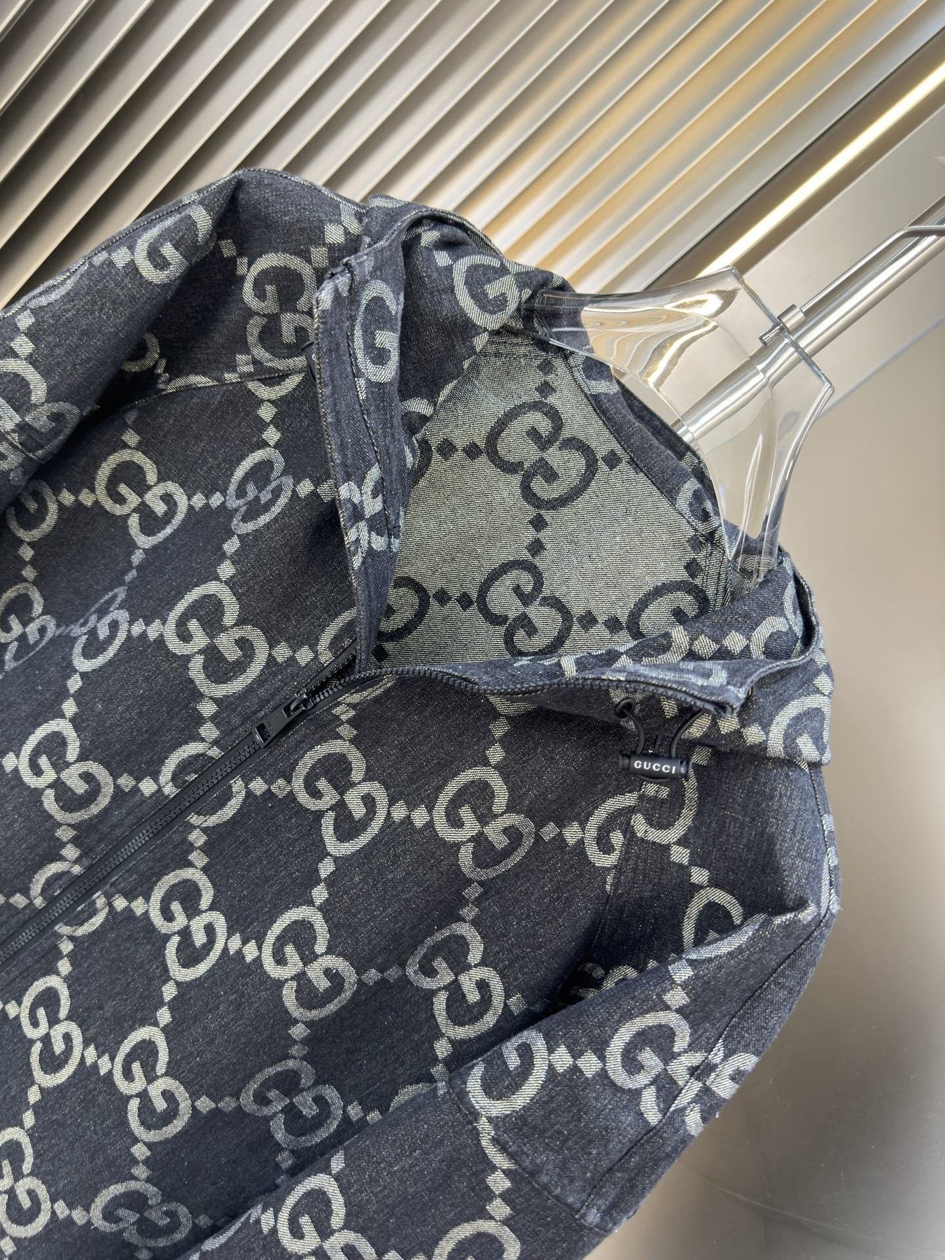 Gucci All-Over Monogram Hooded Zip Jacket — fabric_closeup