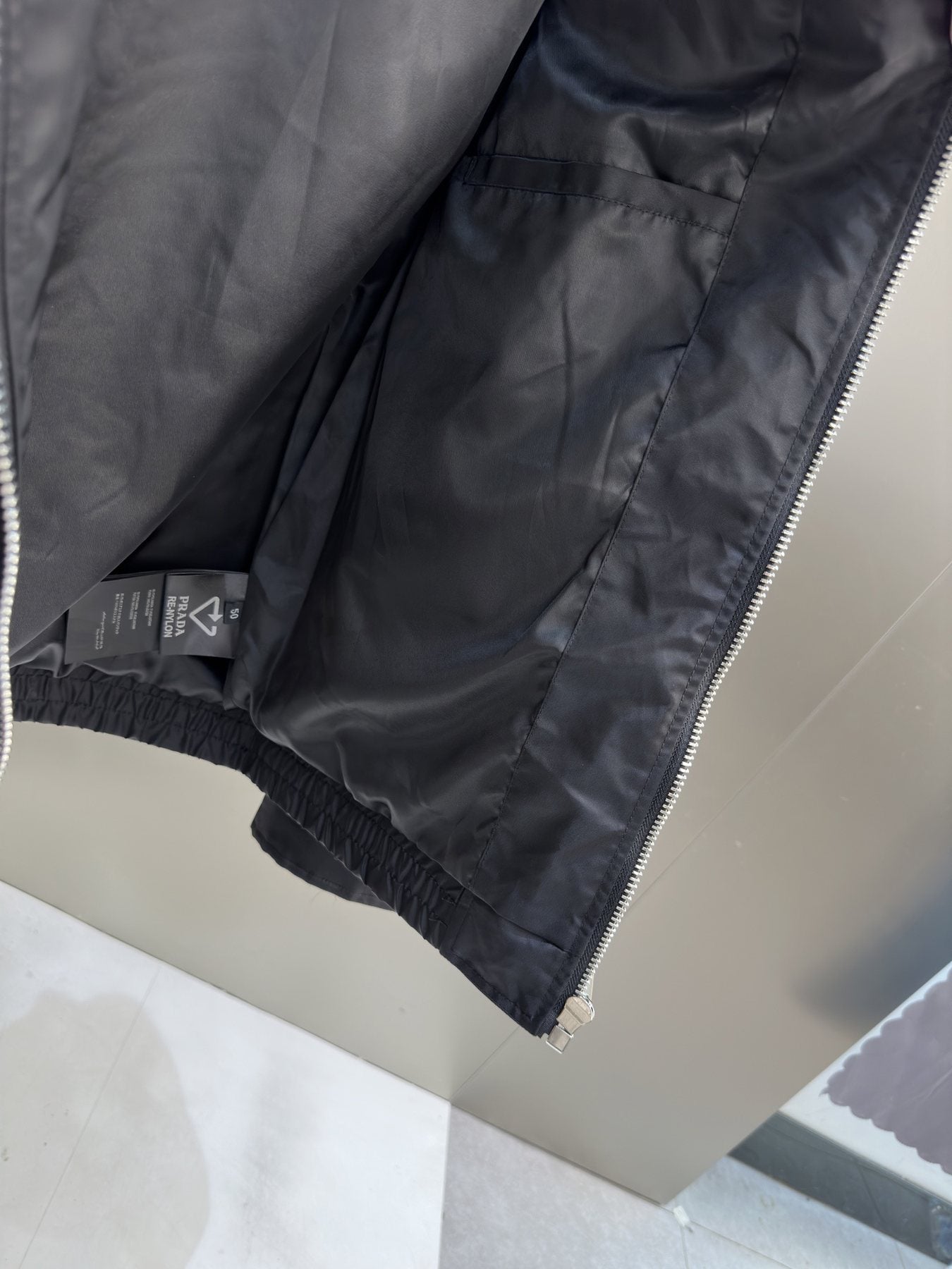 Prada Black Zip-Front Collared Jacket — fabric_closeup