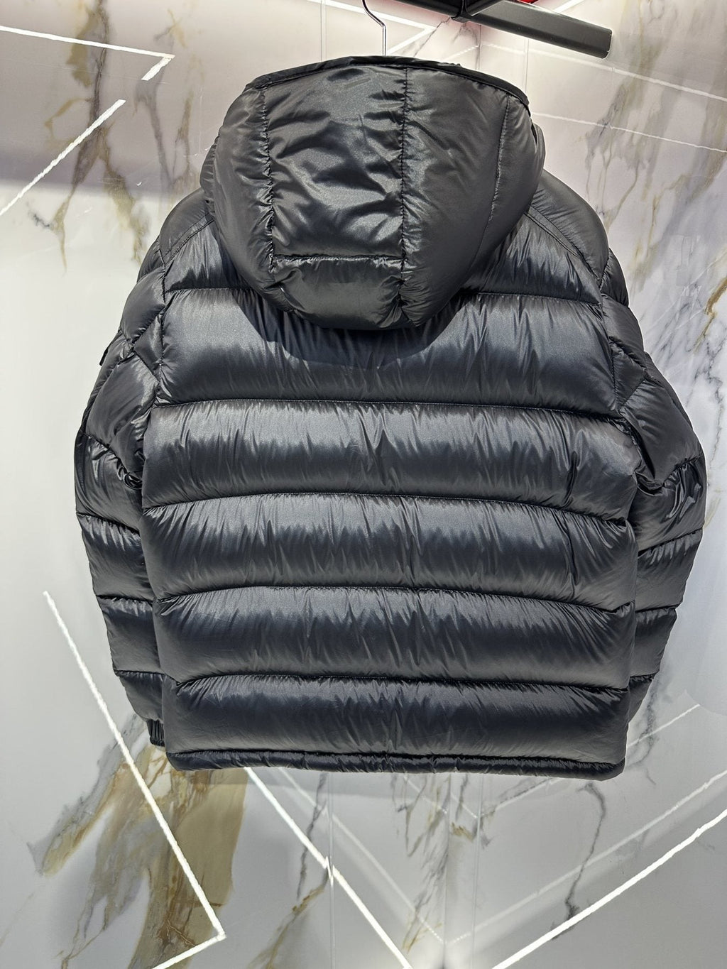 Moncler Black Glossy Hooded Puffer Coat — back