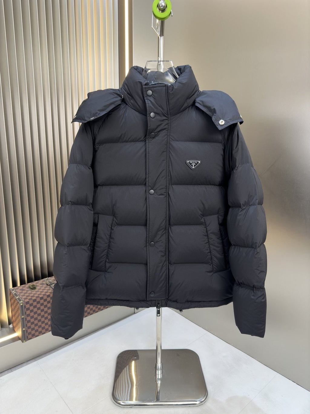 Prada Navy Hooded Puffer Jacket — detail