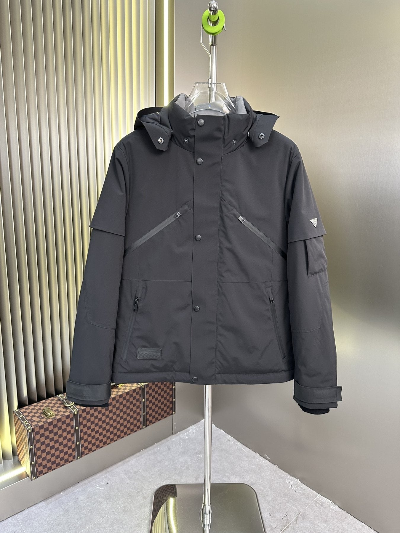 Prada Dark Grey Hooded Two-Piece Jacket Set — front