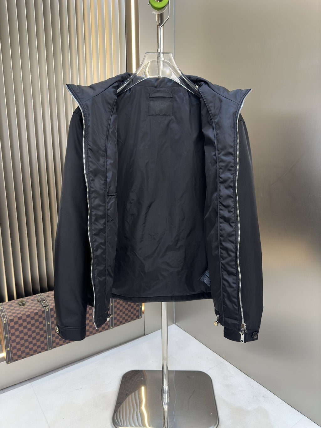 Prada Black Hooded Puffer Jacket — detail