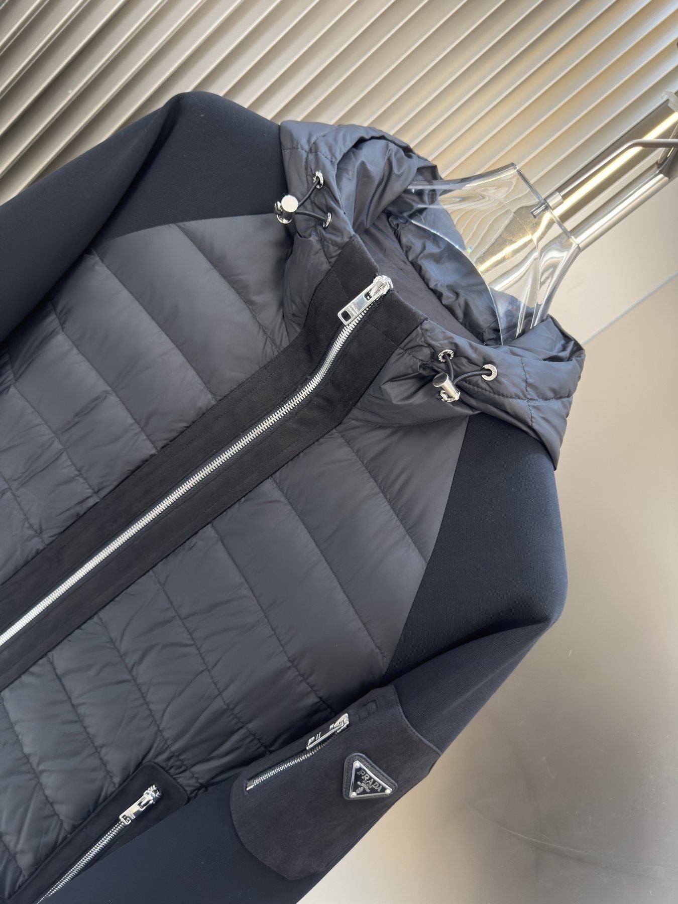 Prada Black Hooded Quilted Puffer Jacket — detail