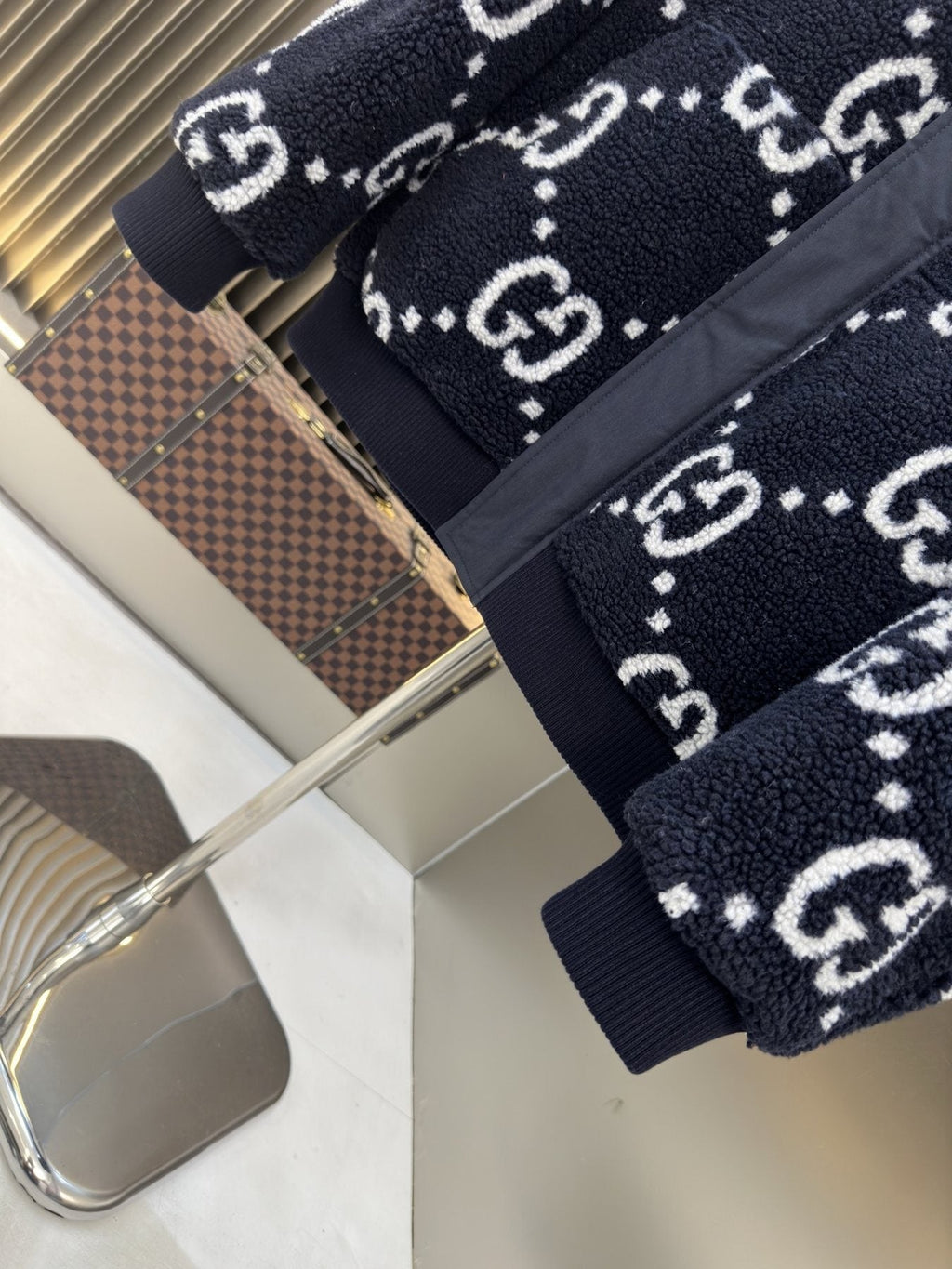 Gucci Navy Hooded Monogram Puffer Jacket — fabric_closeup