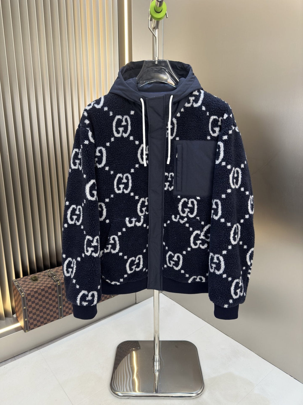 Gucci Navy Hooded Monogram Puffer Jacket — hero