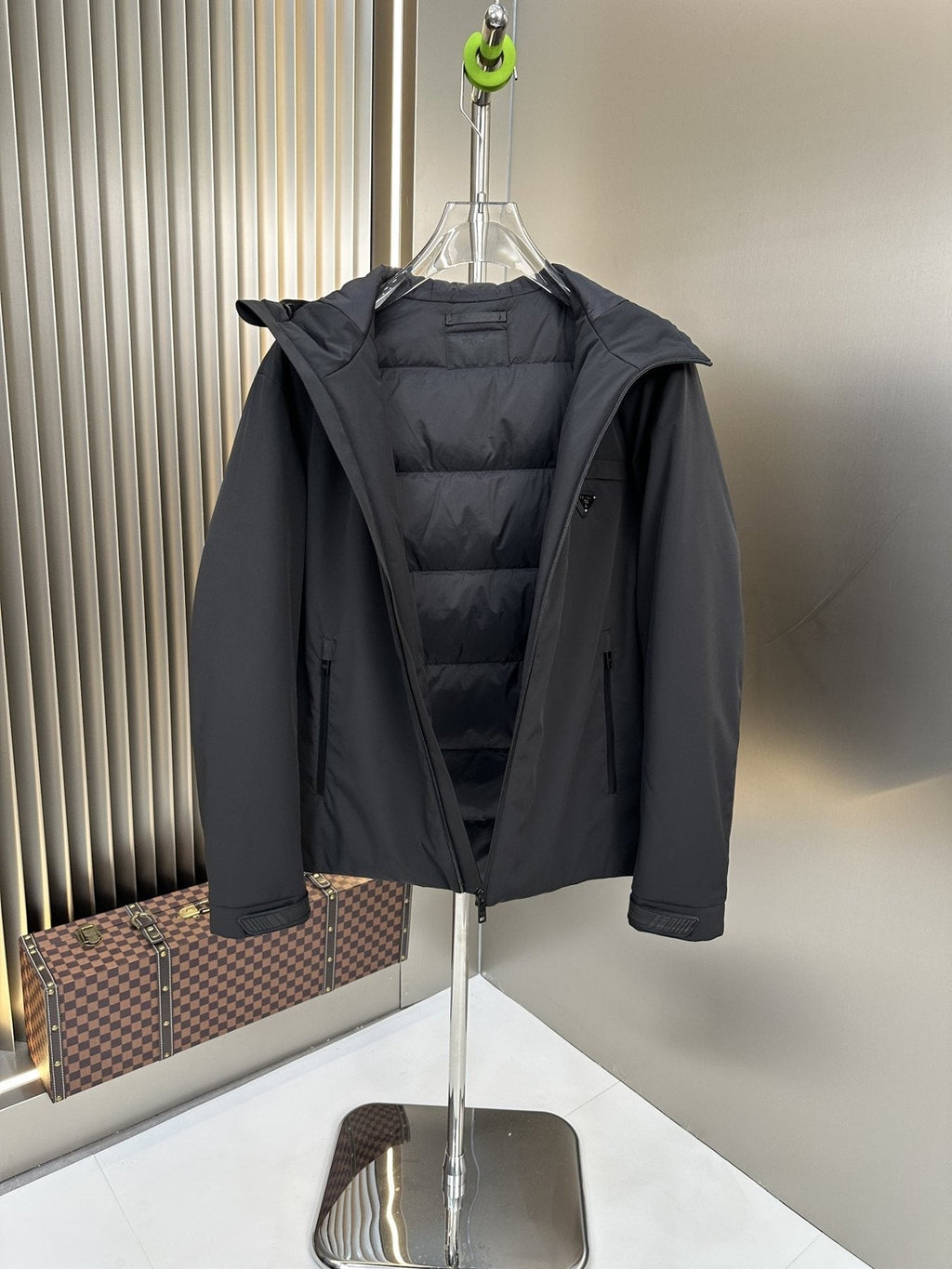 Prada Dark Grey Hooded Puffer Jacket — detail