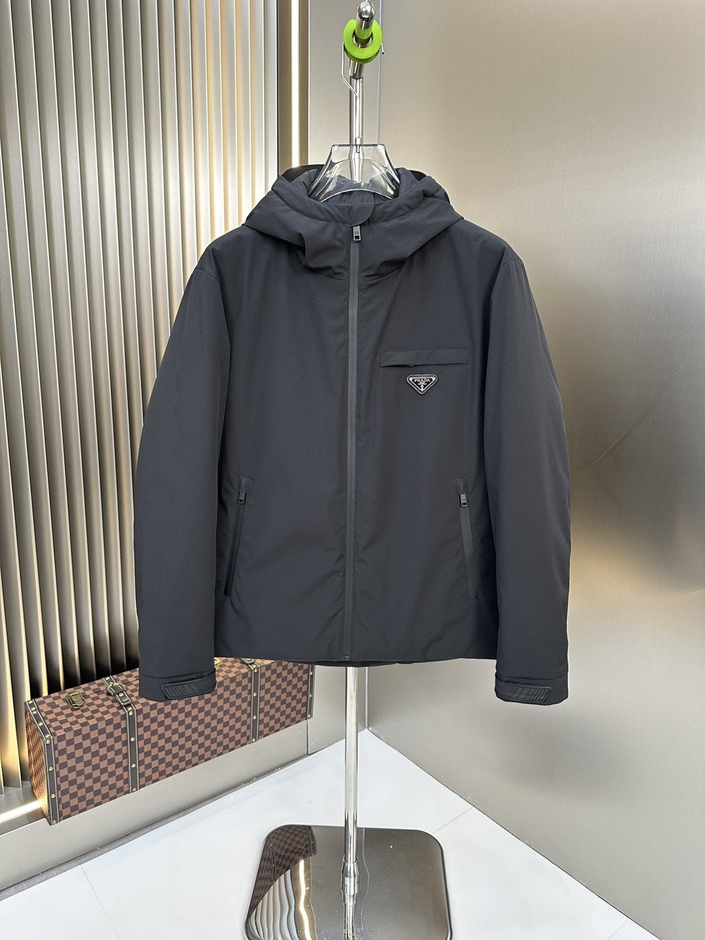 Prada Dark Grey Hooded Puffer Jacket — hero