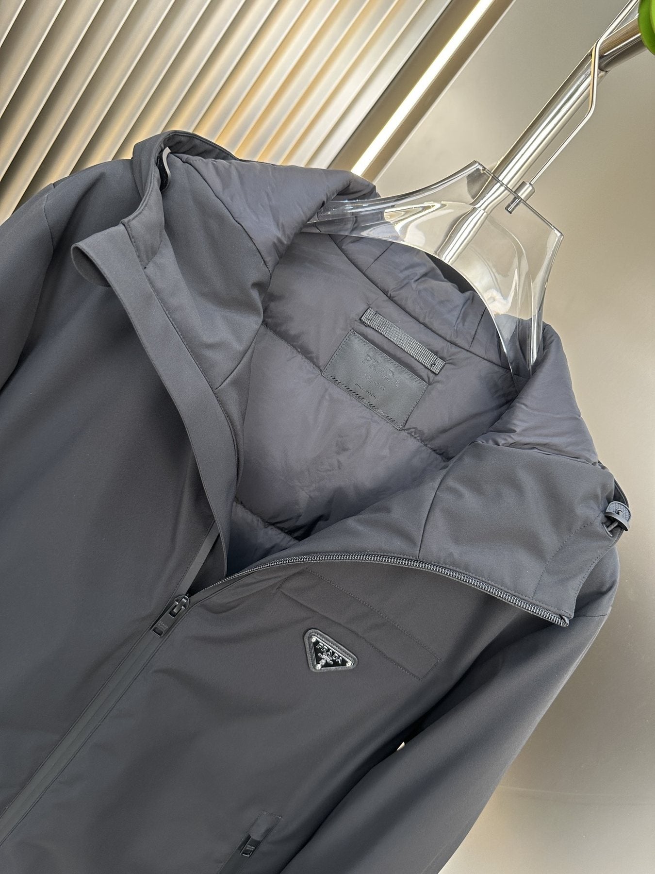 Prada Dark Grey Hooded Puffer Jacket — detail