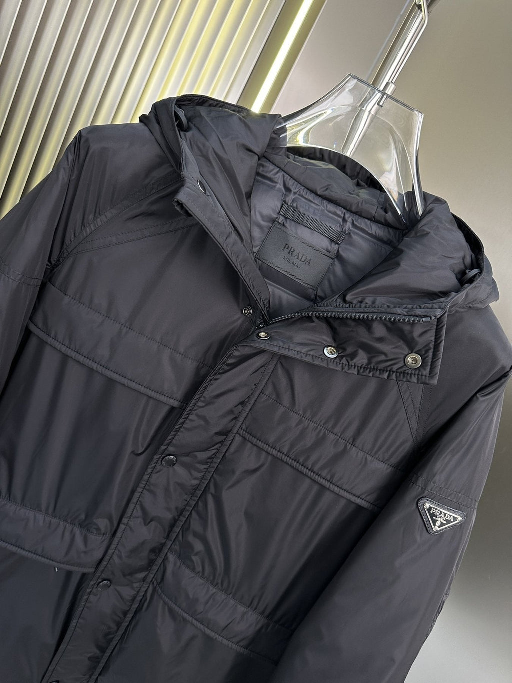 Prada Black Hooded Quilted Puffer Jacket — detail