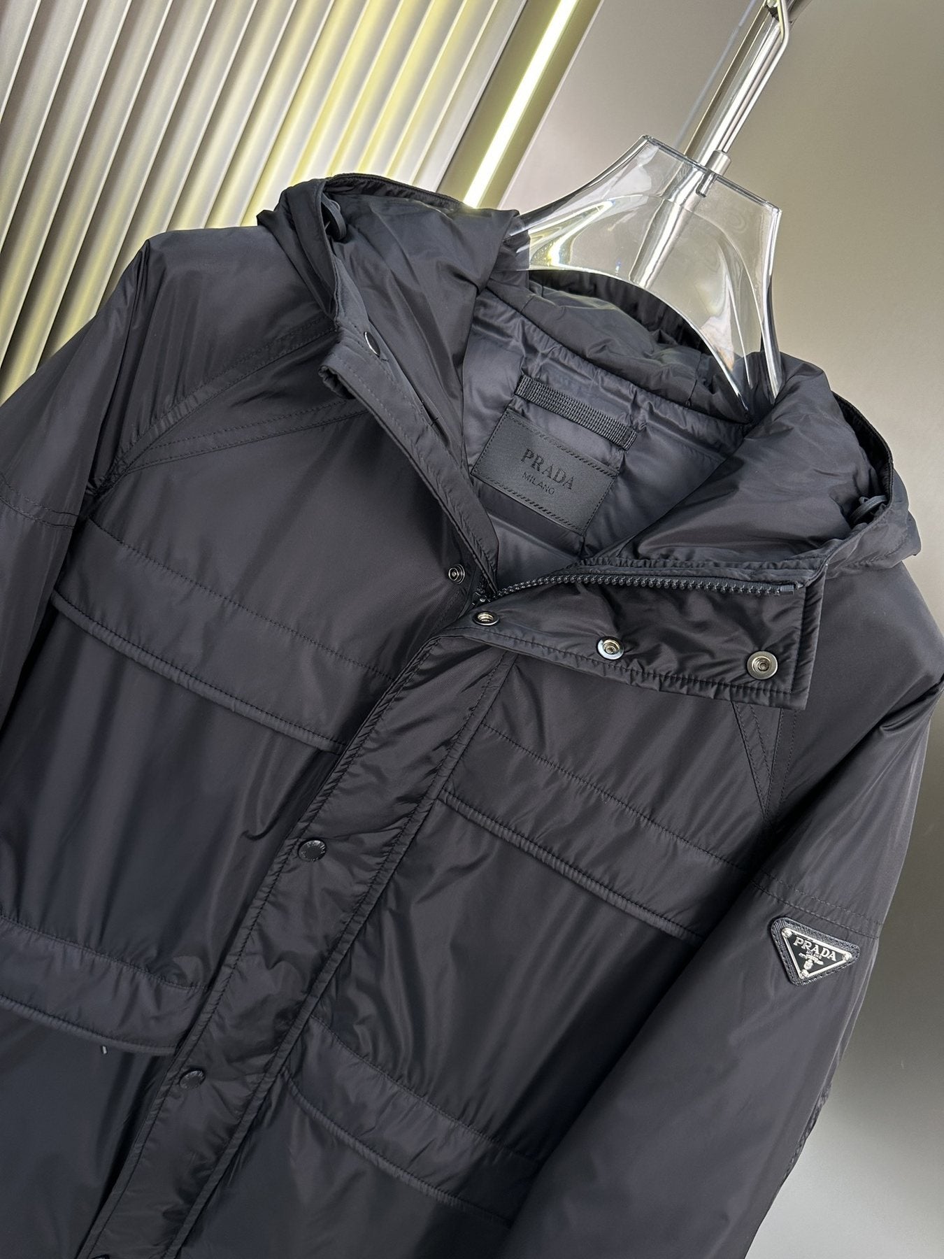 Prada Black Hooded Quilted Puffer Jacket — detail
