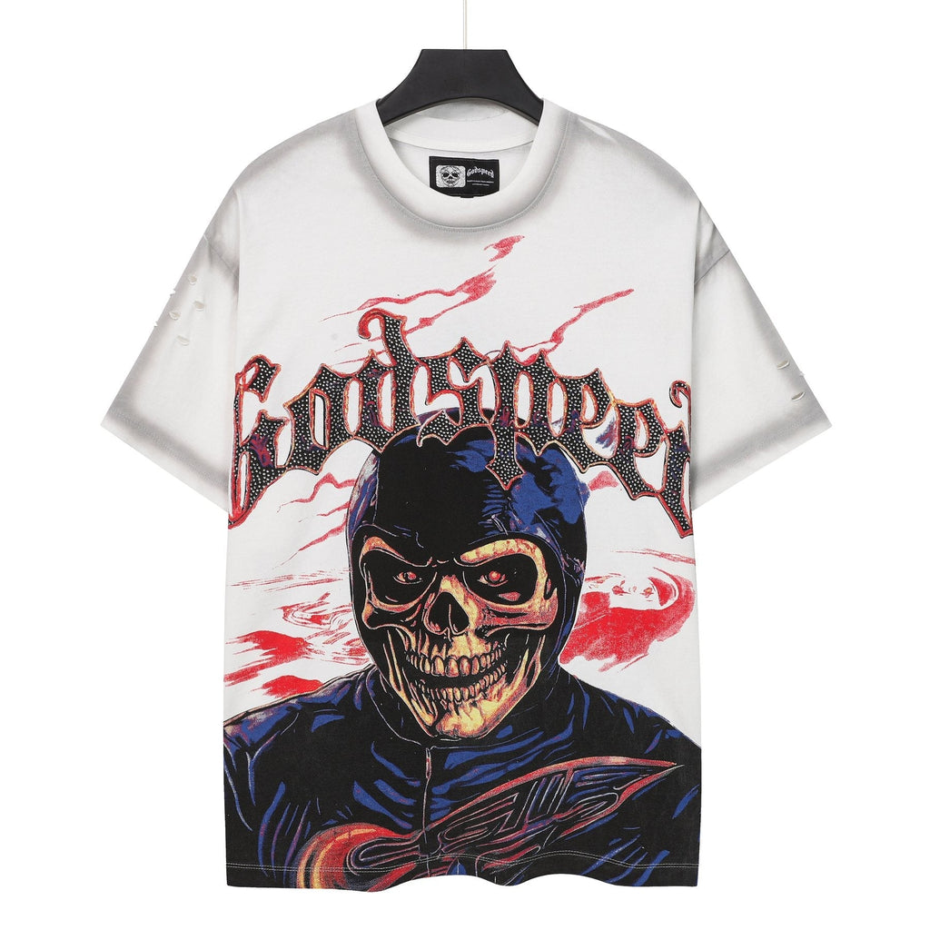 Godspeed Skull Graphic Distressed Sleeve T-Shirt — front