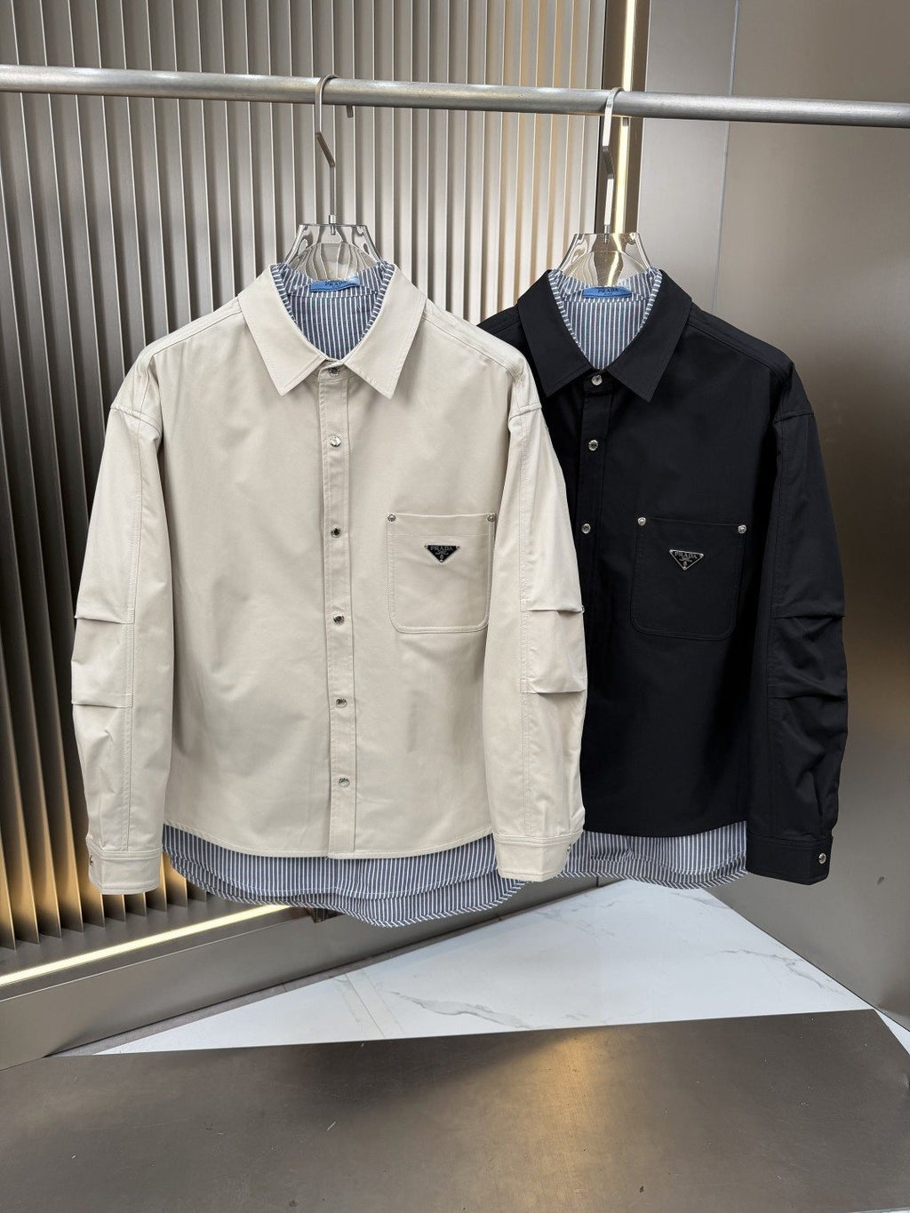 Prada Layered Overshirt and Striped Shirt Set — comparison