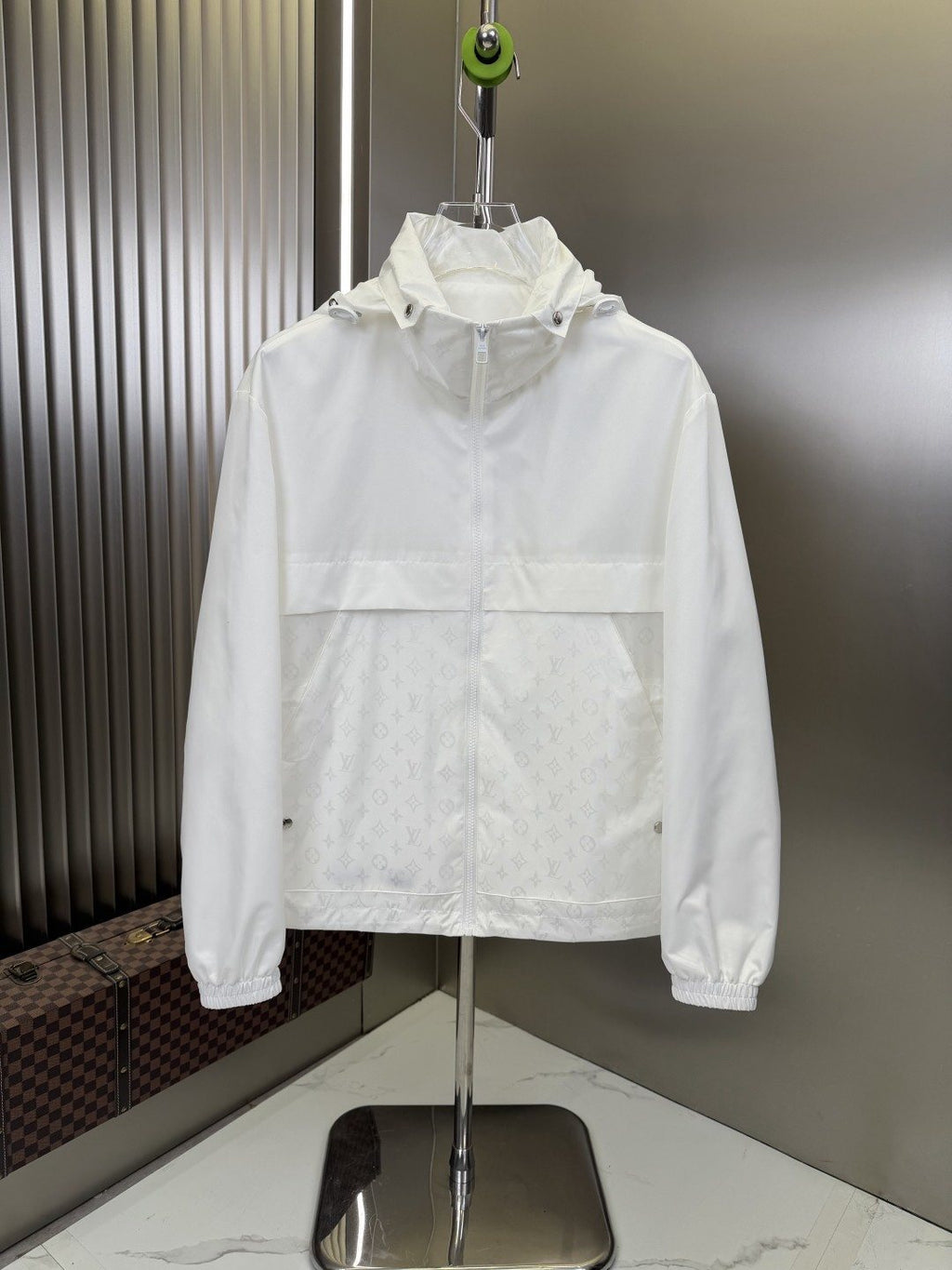 LV Hooded Monogram-Panel Zip-Front Jacket — front