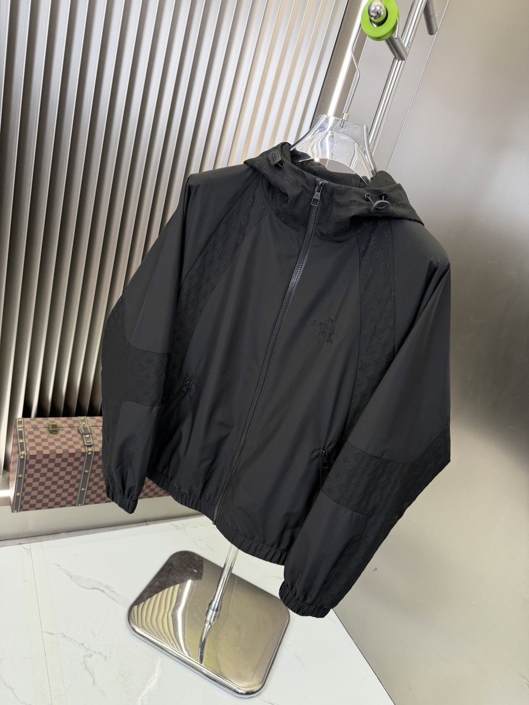 LV Tonal Panel Hooded Zip-Front Jacket — front