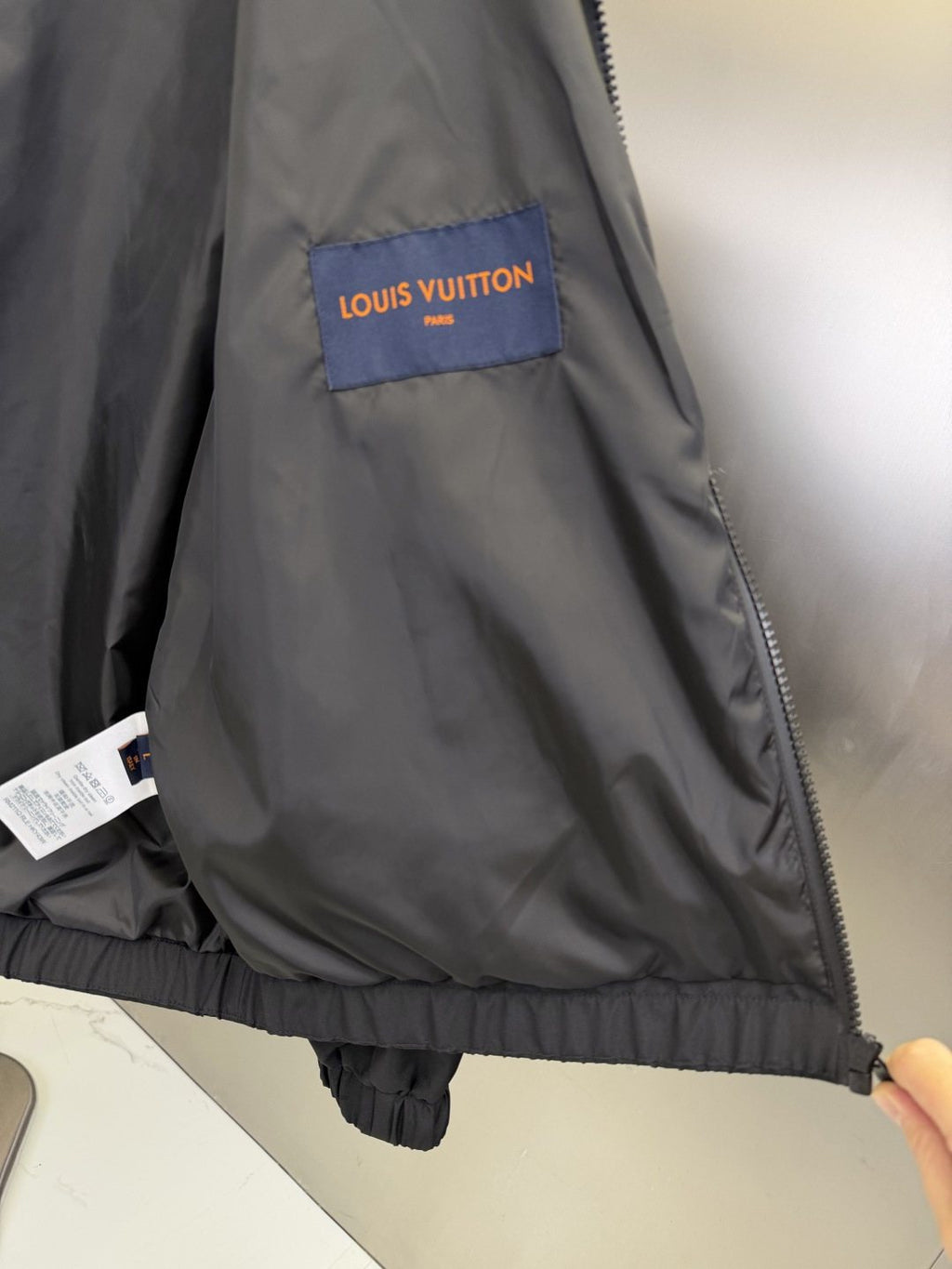 LV Tonal Panel Hooded Zip-Front Jacket — hang_tag