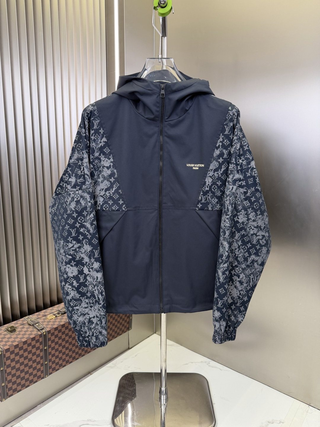 2026 Original Jacket Navy Blue Hooded Zip Jacket with Patterned Panels — hero
