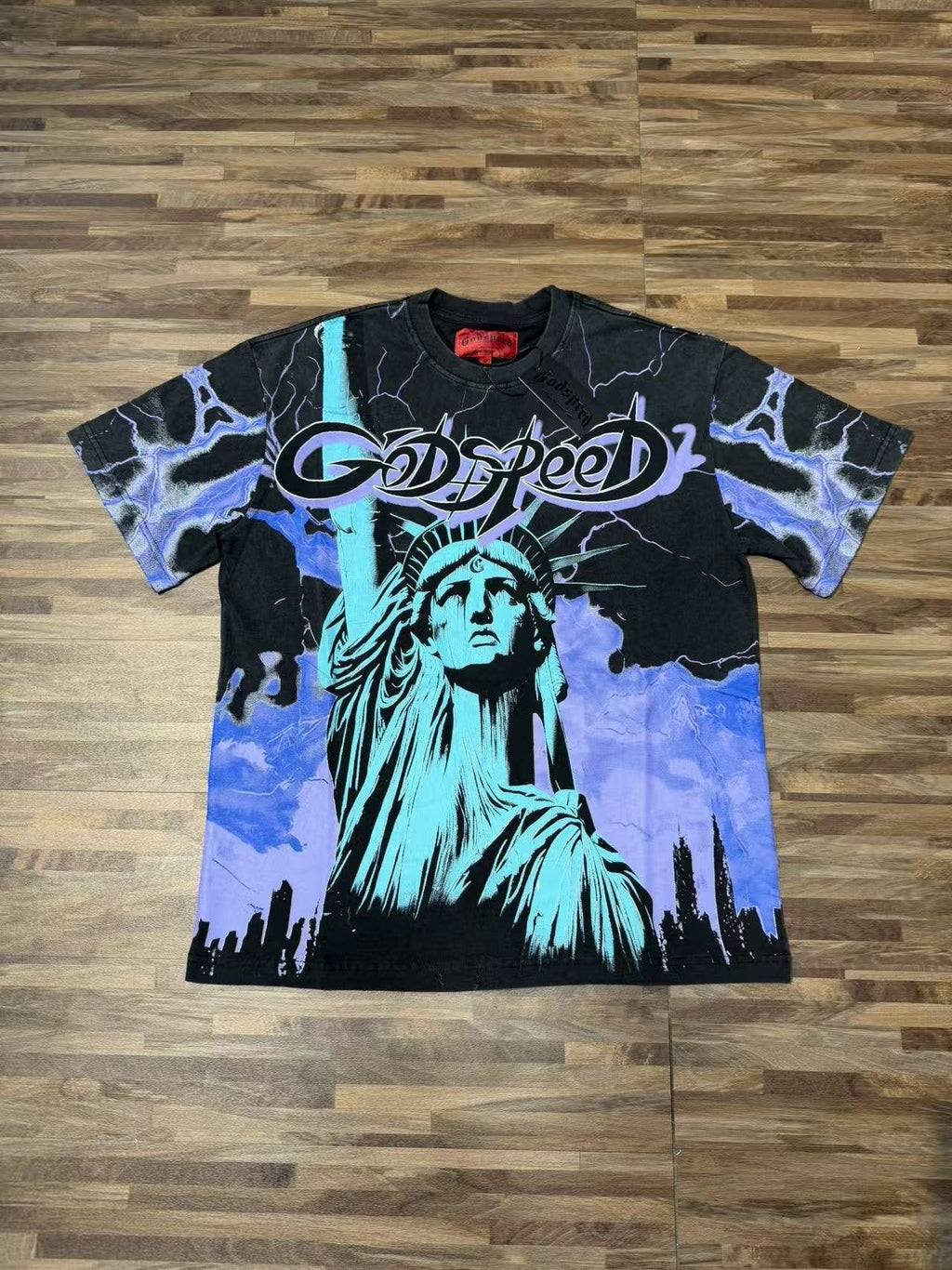 Godspeed Statue of Liberty Lightning Graphic T-Shirt — front