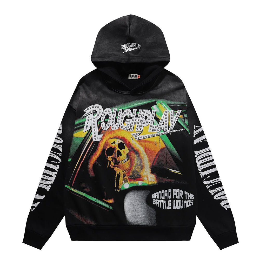 Rough Play In Car Skull Graphic Hoodie — front