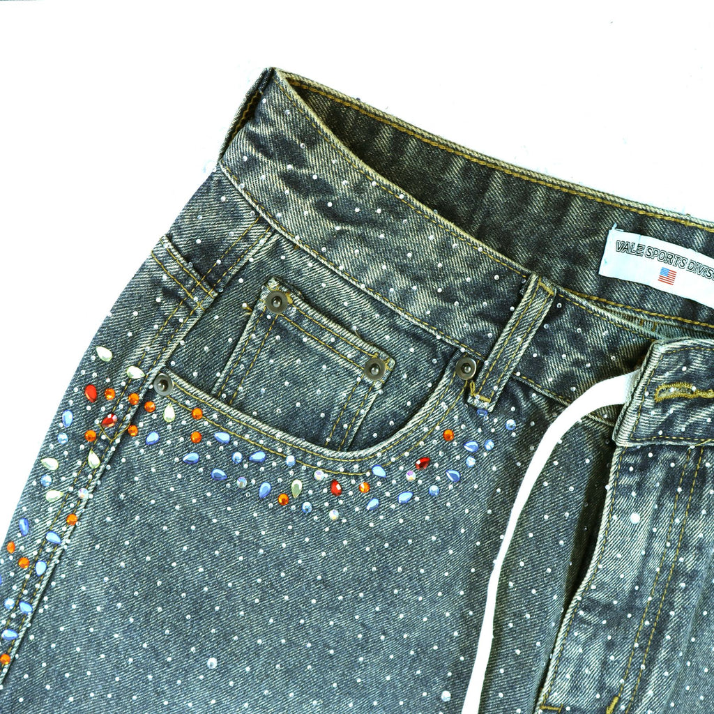 VALLEY Rhinestone Splatter Washed Denim Shorts — detail