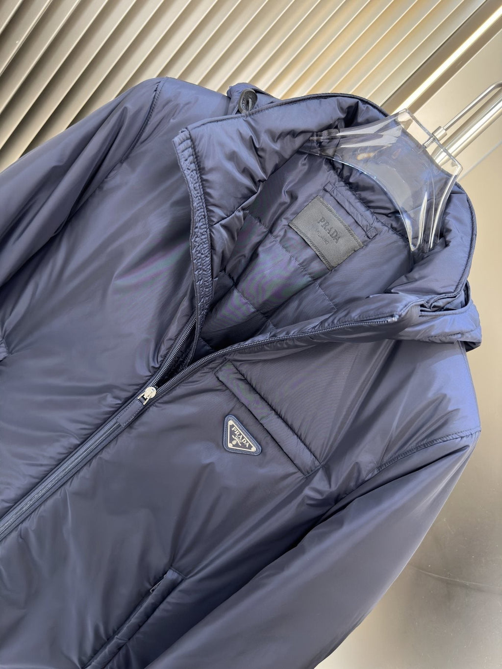Prada Hooded Puffer Jacket with Triangle Chest Badge — neck_label