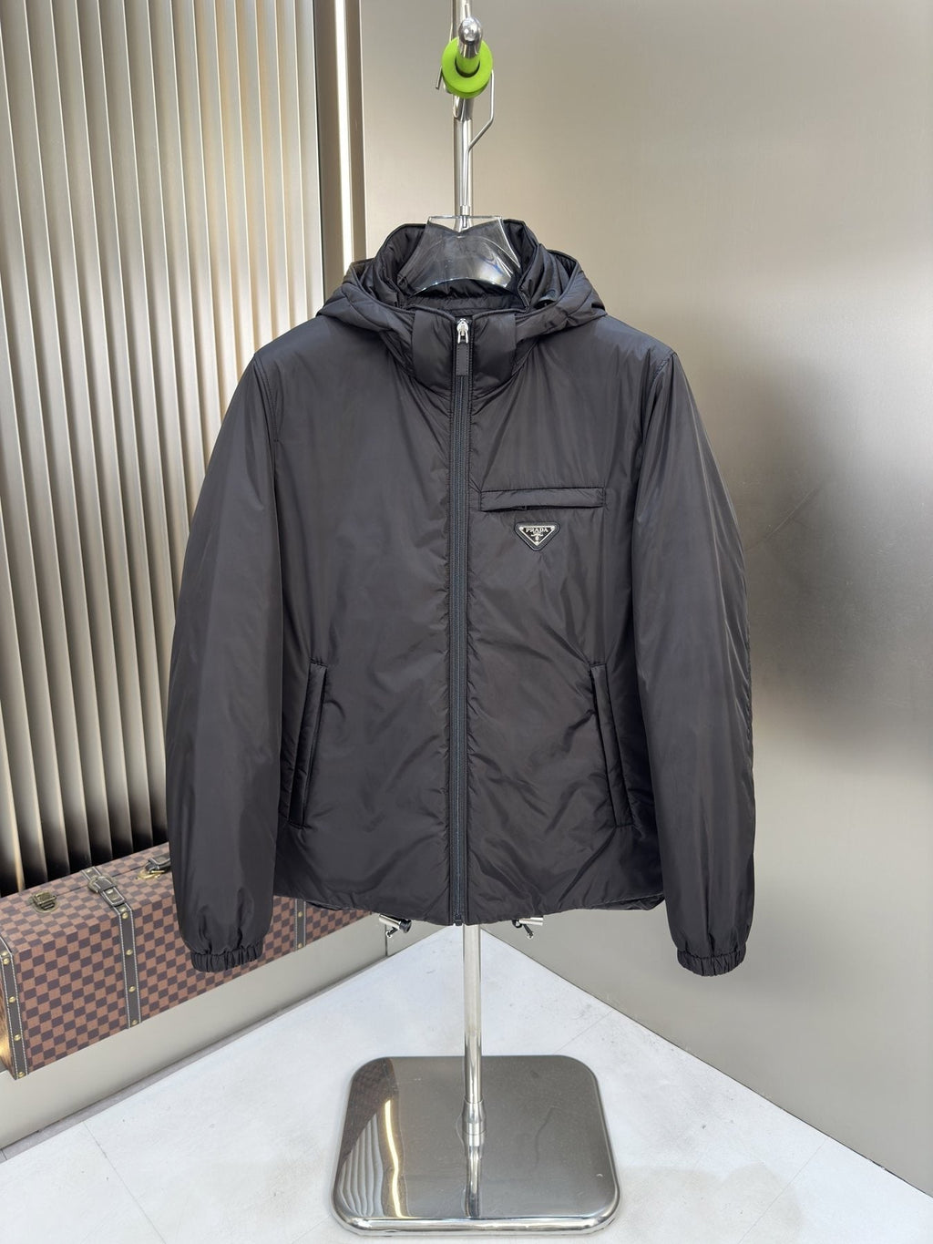 Prada Hooded Puffer Jacket with Triangle Chest Badge — front