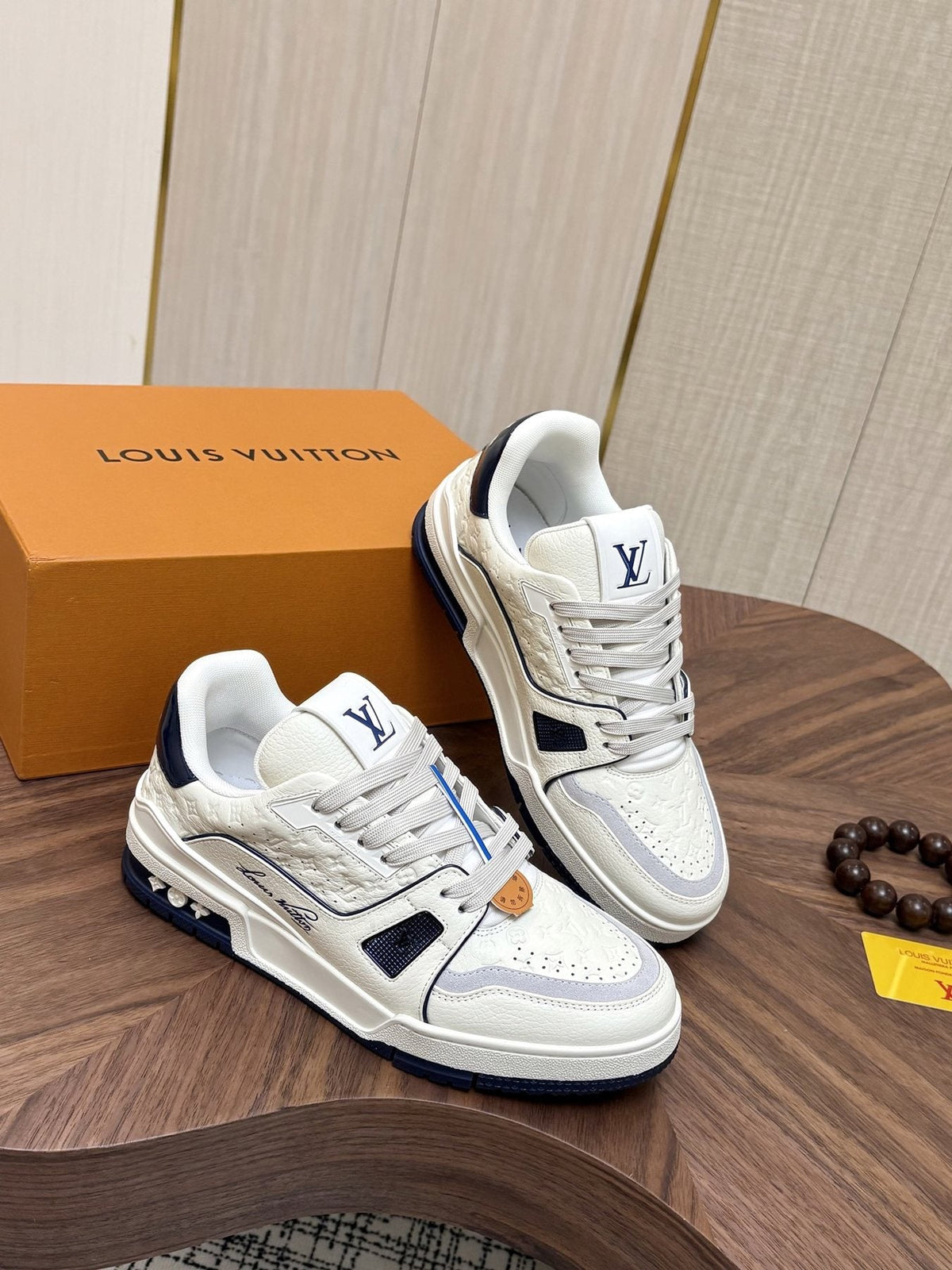Louis Vuitton White & Navy Low-Top Sneakers — side