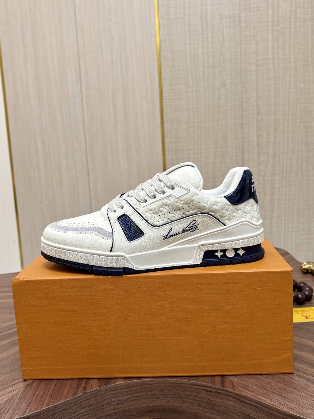 Louis Vuitton White & Navy Low-Top Sneakers — side