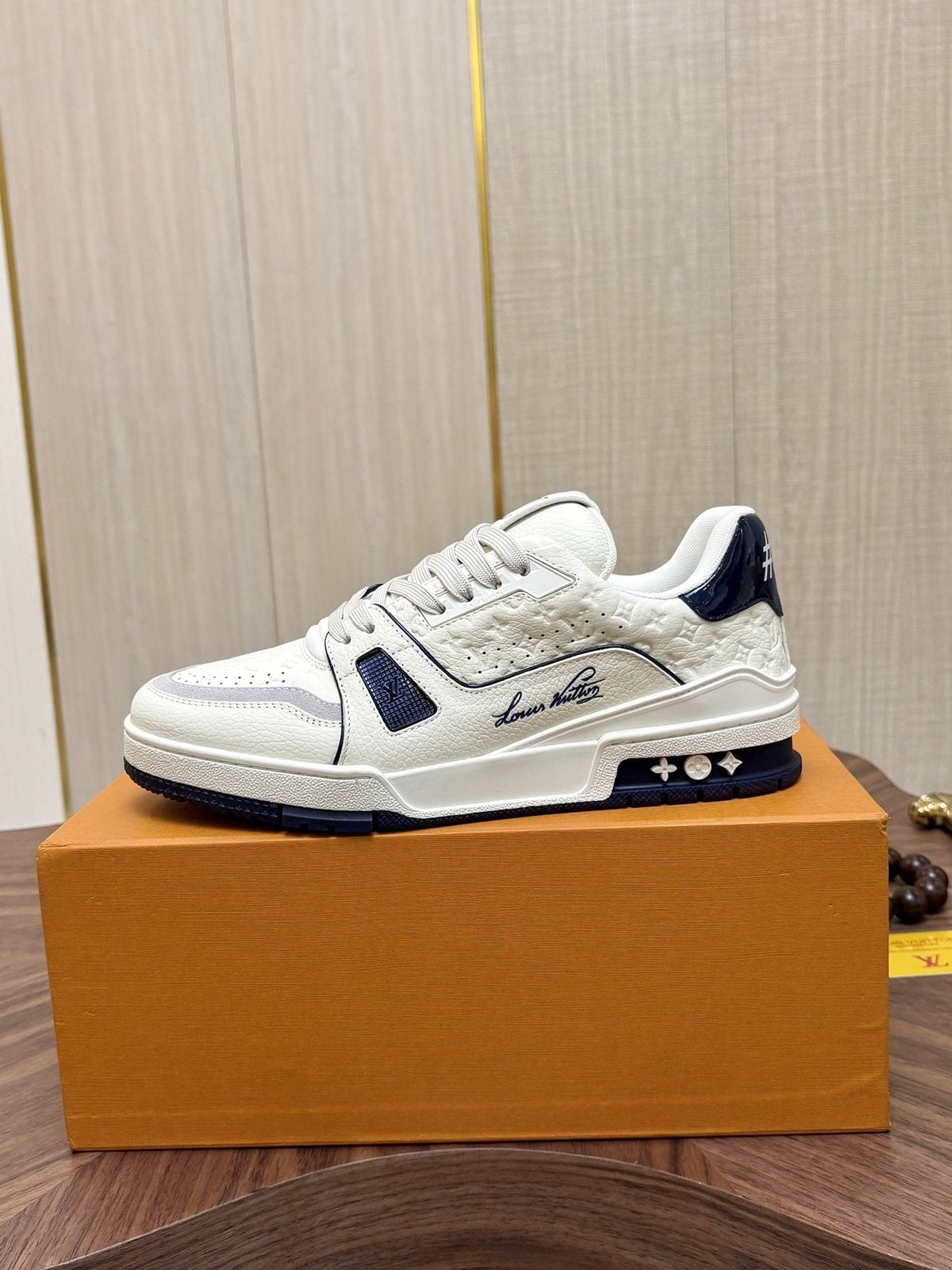 Louis Vuitton White & Navy Low-Top Sneakers — side
