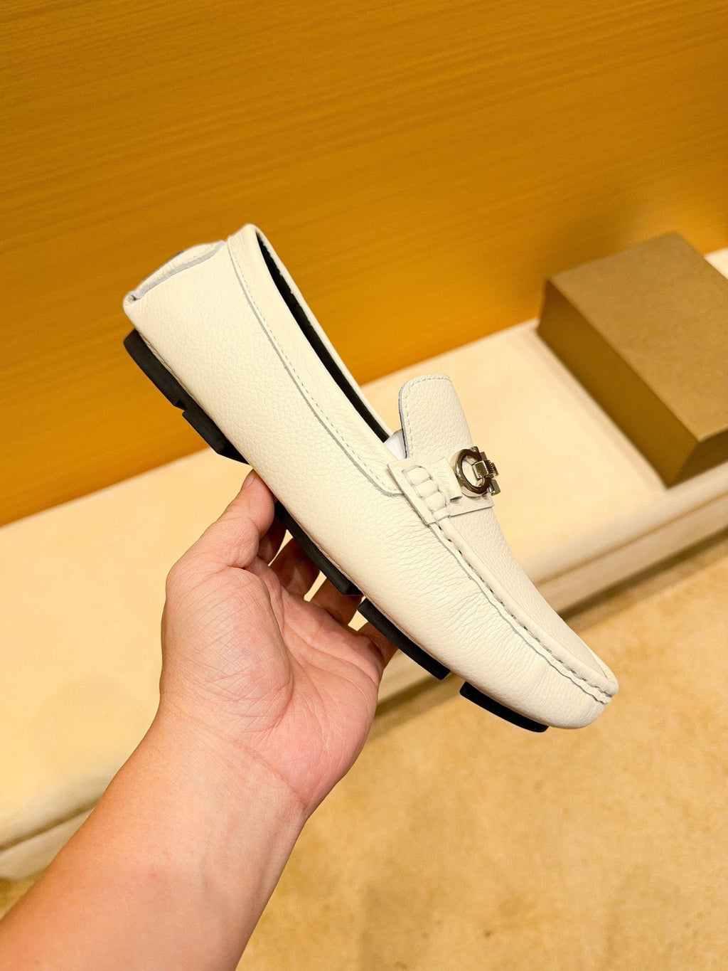 Ferragamo White Metal-Accent Loafers — side