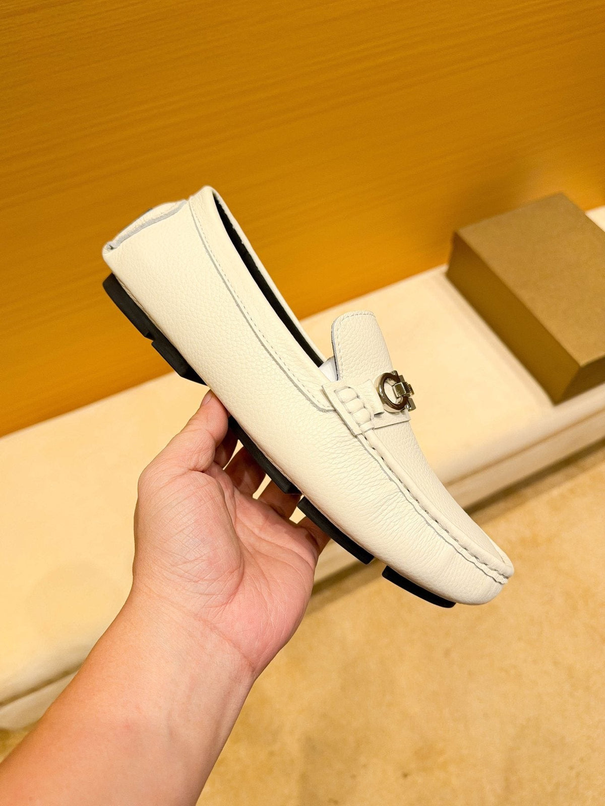 Ferragamo White Metal-Accent Loafers — side