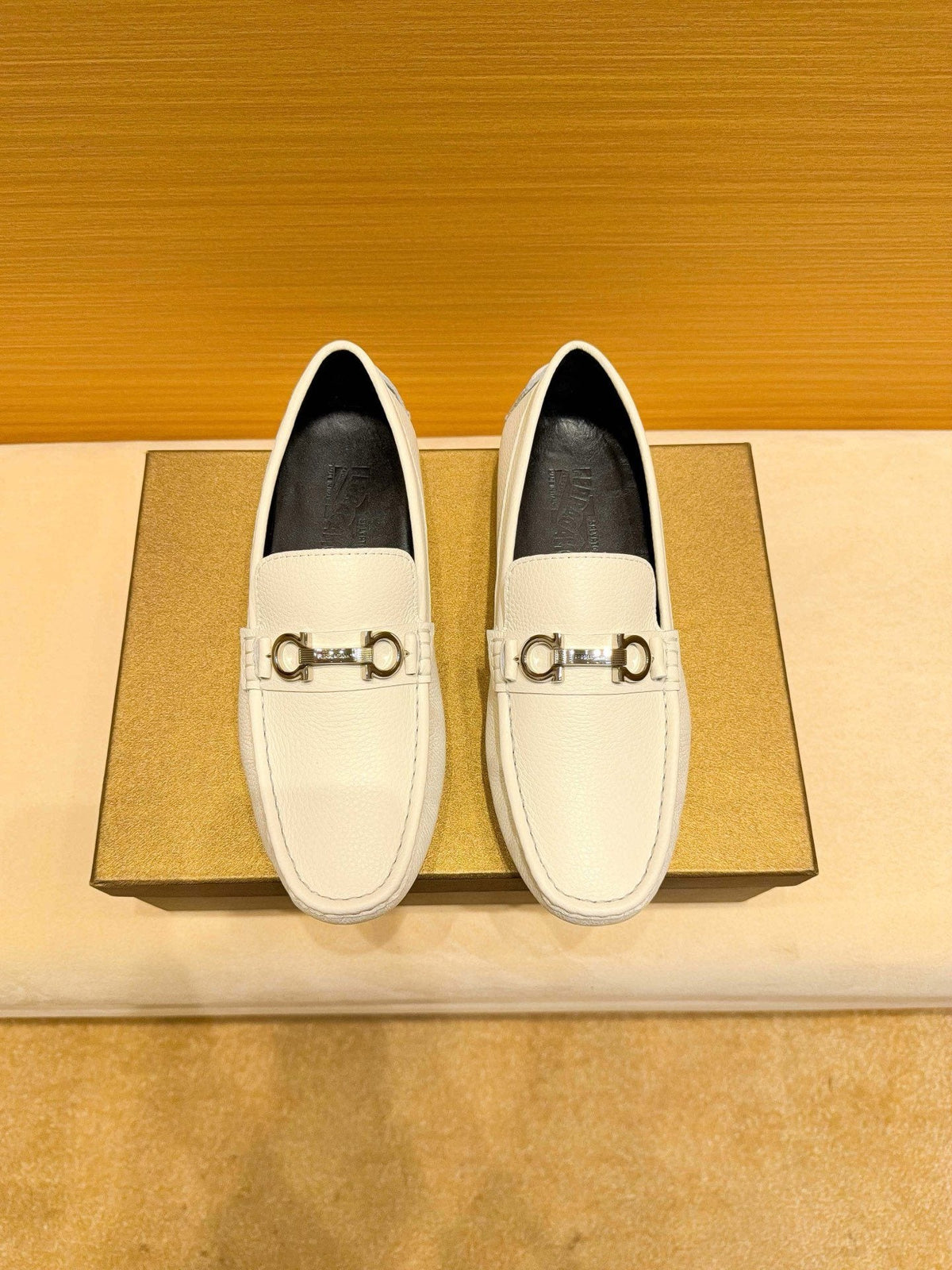 Ferragamo White Metal-Accent Loafers — hero