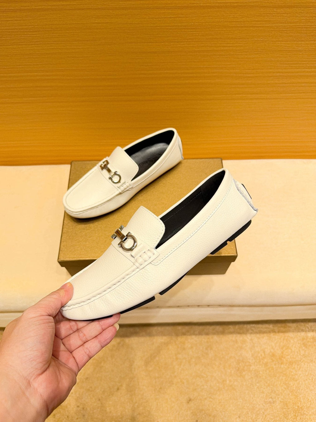 Ferragamo White Metal-Accent Loafers — front