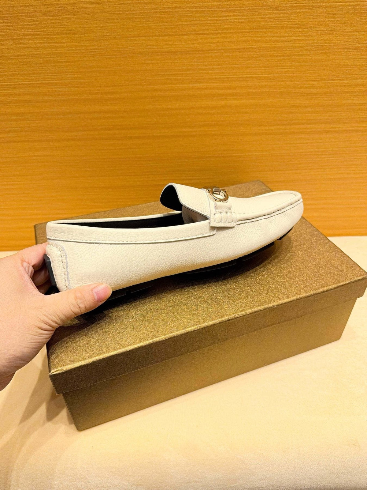 Ferragamo White Metal-Accent Loafers — side