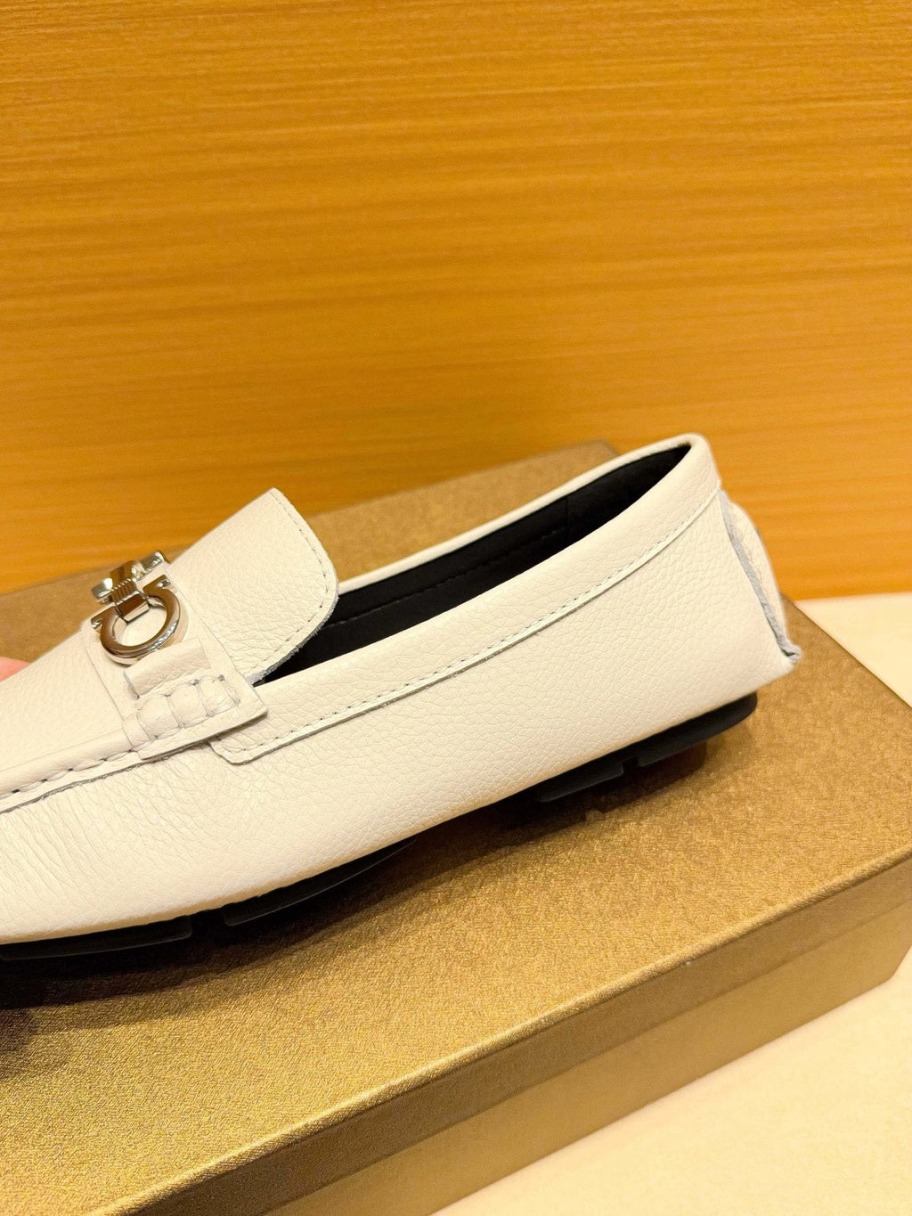 Ferragamo White Metal-Accent Loafers — detail