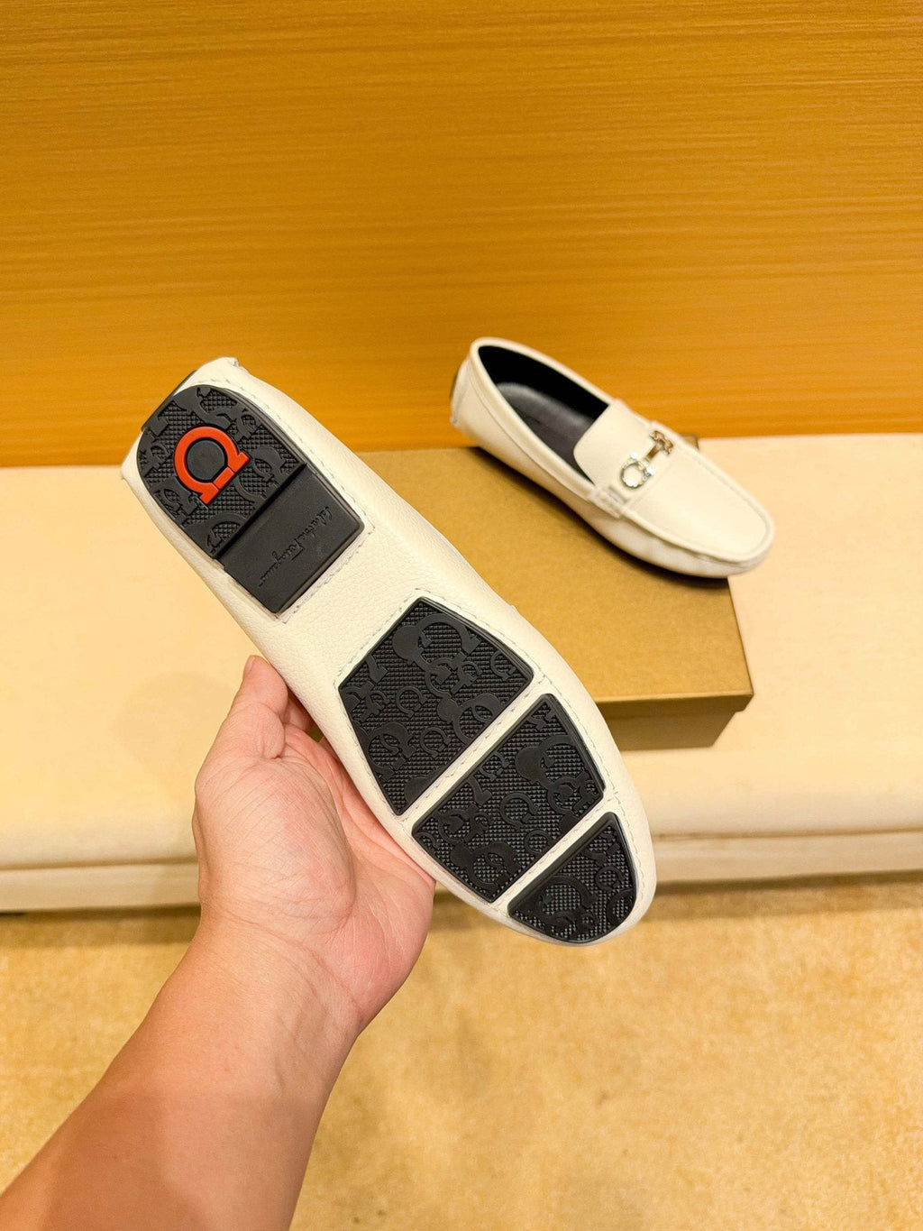 Ferragamo White Metal-Accent Loafers — detail