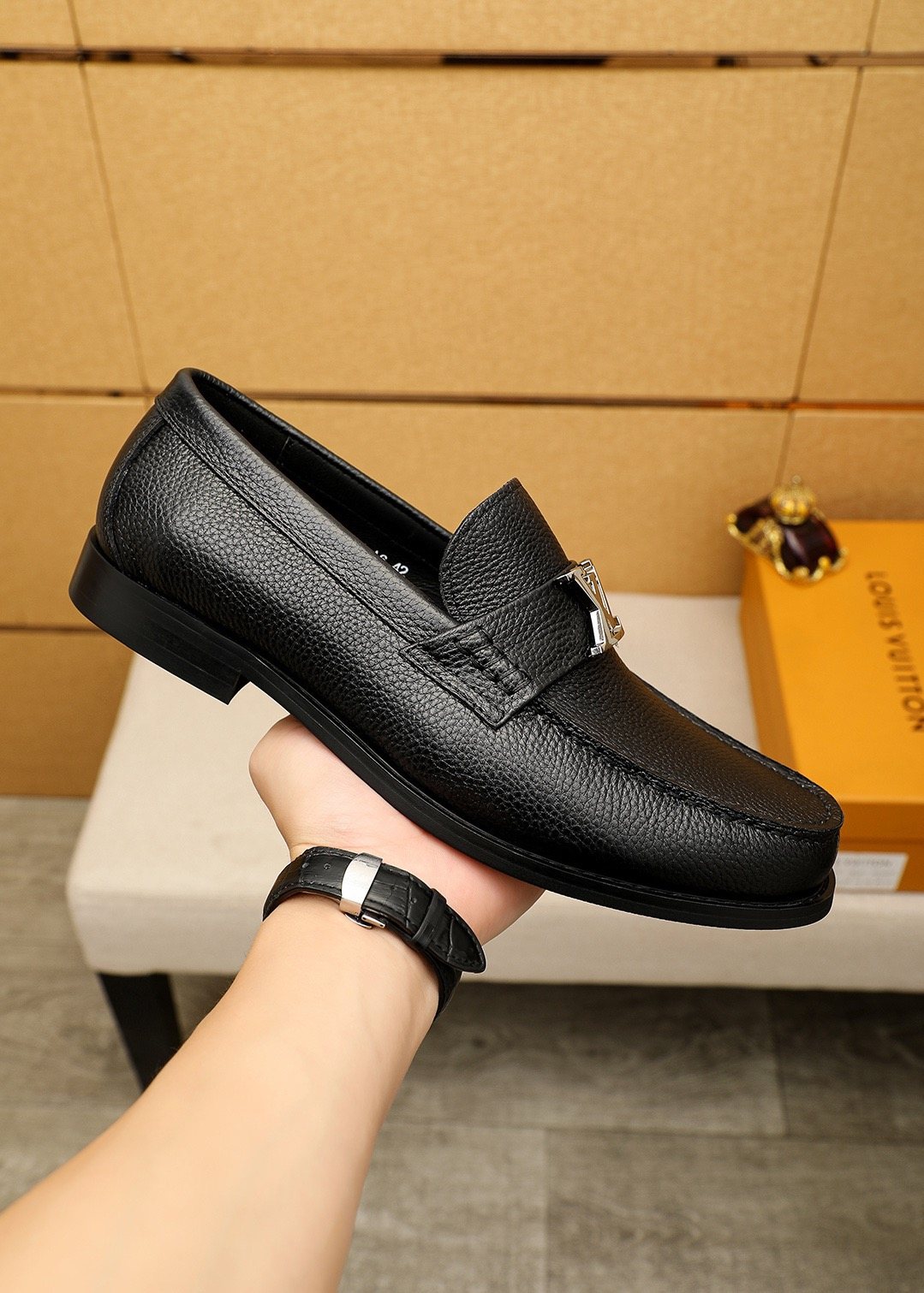 Louis Vuitton Black Pebbled Leather Loafers — model