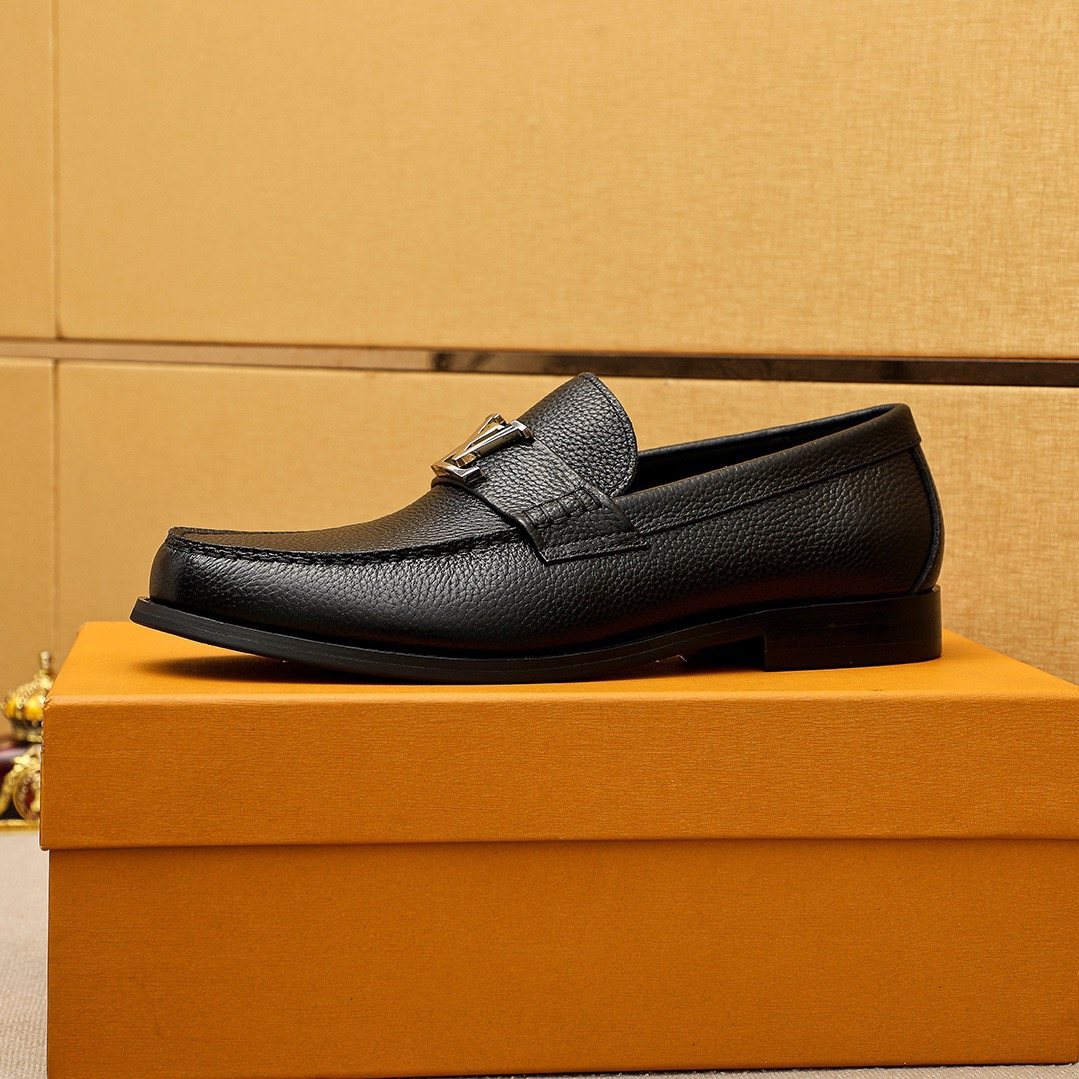 Louis Vuitton Black Pebbled Leather Loafers — side