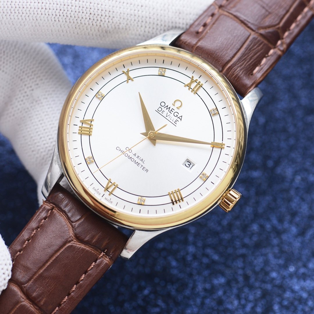 OMEGA Brown Gold White Dial Leather Strap Watch — hero