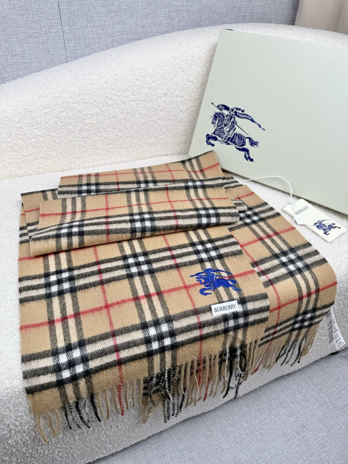Burberry Beige Check Fringed Scarf — front