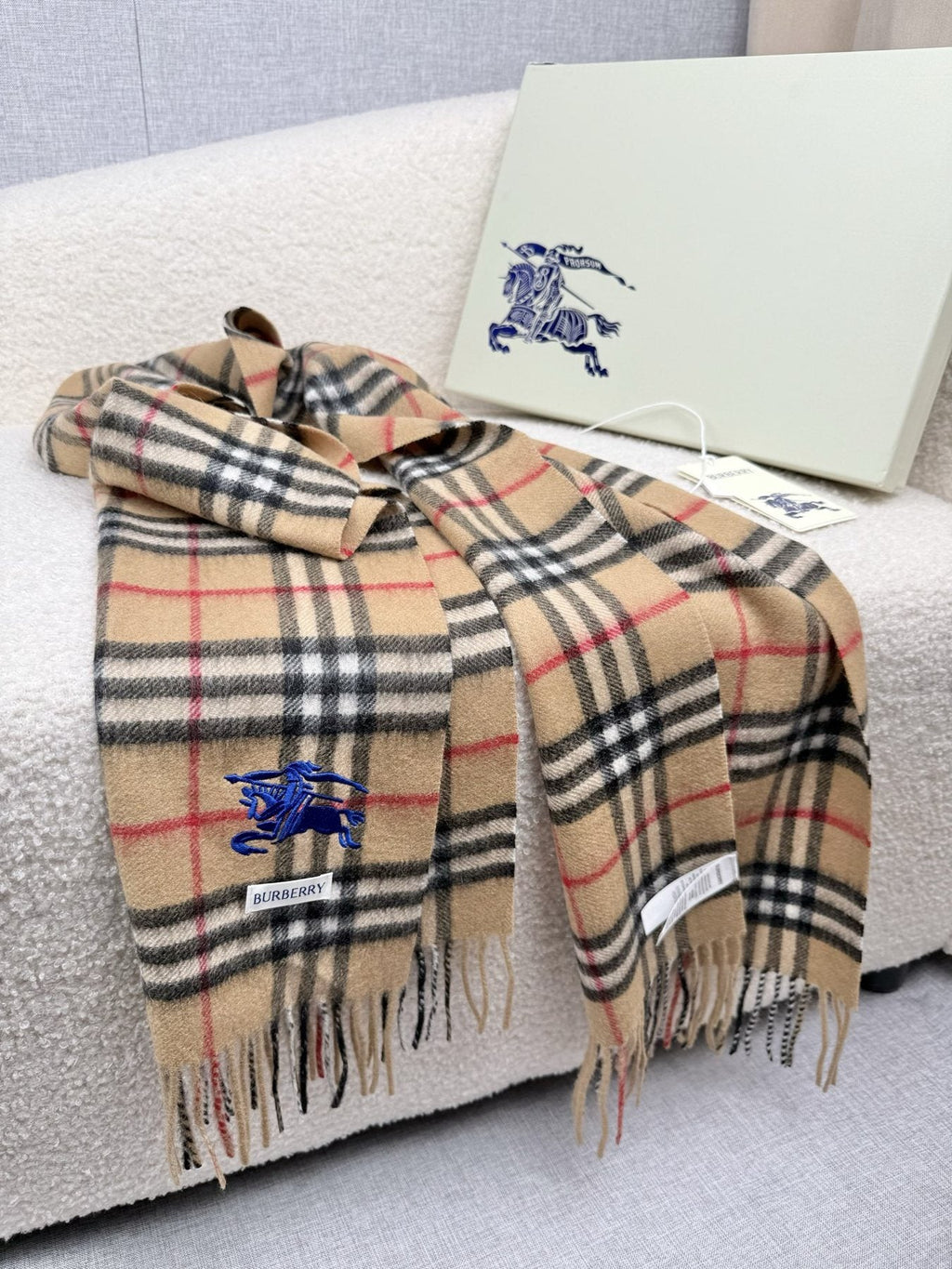 Burberry Beige Check Fringed Scarf — side
